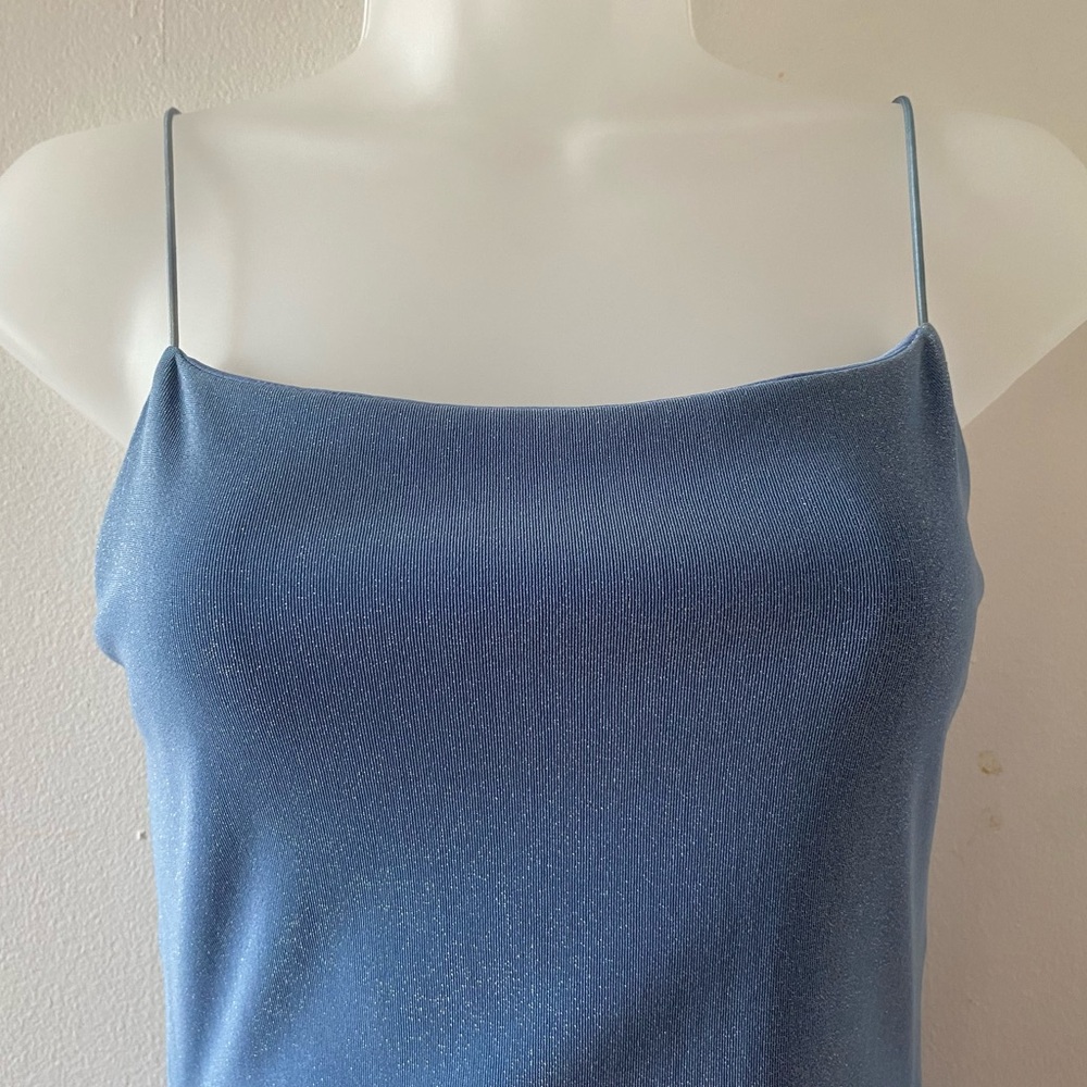 VINTAGE 90s Y2K BABY BLUE GLITTER OPEN BACK GOWN PROM DRESS W/ SIDE SLIT - Picture 9 of 9